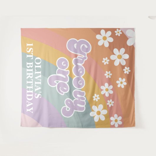 Retro Rainbow Groovy 1 1e verjaardag Wandkleed (Voorkant (horizontaal))