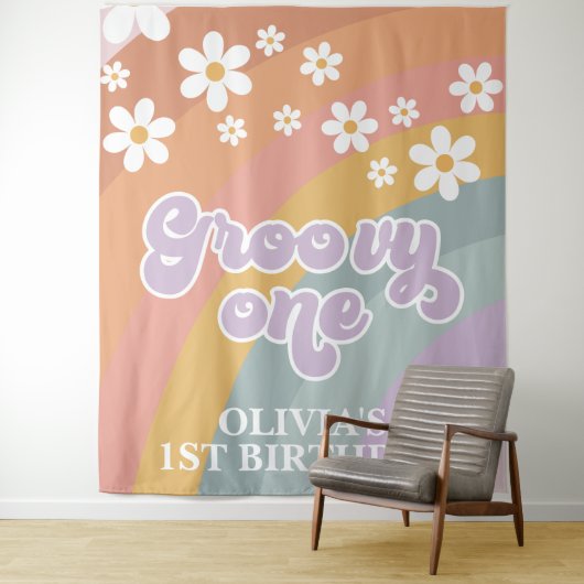 Retro Rainbow Groovy 1 1e verjaardag Wandkleed (In situ)