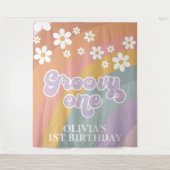 Retro Rainbow Groovy 1 1e verjaardag Wandkleed (Voorkant)