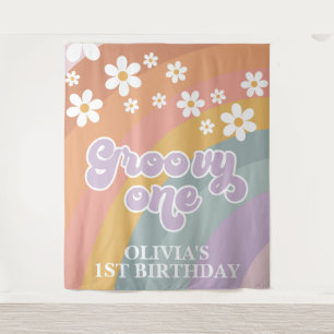 Retro Rainbow Groovy 1 1e verjaardag Wandkleed