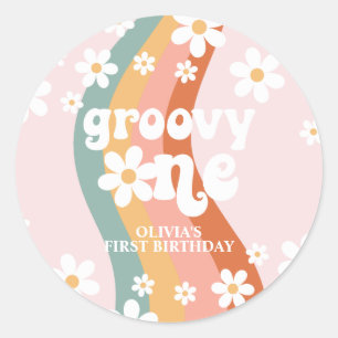 Retro Rainbow Groovy One Daisy Ronde Sticker