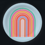 Retro Rainbow kleurig blauw Papieren Bordje<br><div class="desc">Abstracte regenboog Retro - kleurrijke regenboog - blauwe achtergrond.</div>