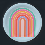 Retro Rainbow kleurig blauw Papieren Bordje<br><div class="desc">Abstracte regenboog Retro - kleurrijke regenboog - blauwe achtergrond.</div>