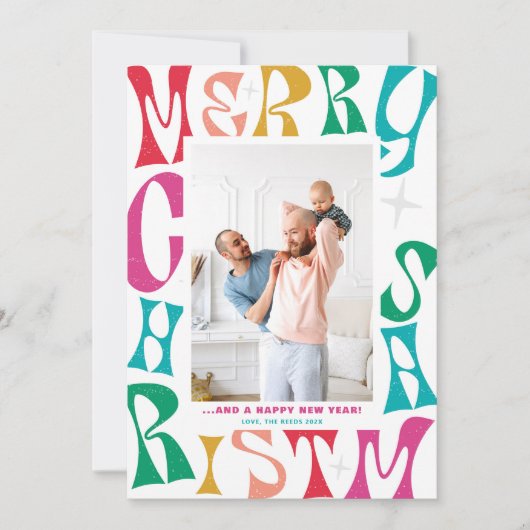 Retro Rainbow Merry Kerstmis 1 Foto Holiday Kaart (Voorkant)
