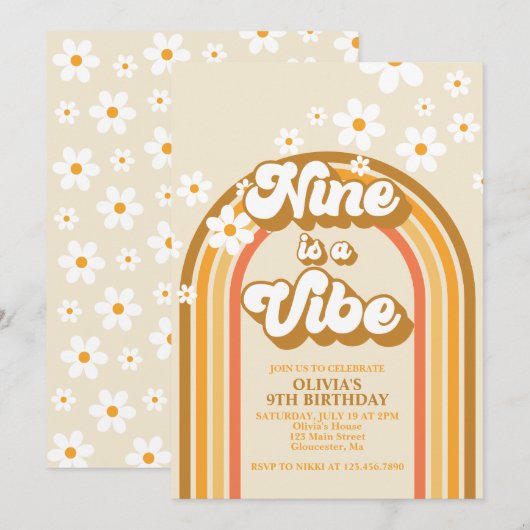 Retro Rainbow Nine is een Vibe Groovy 9e verjaarda Kaart (Voorkant / Achterkant)