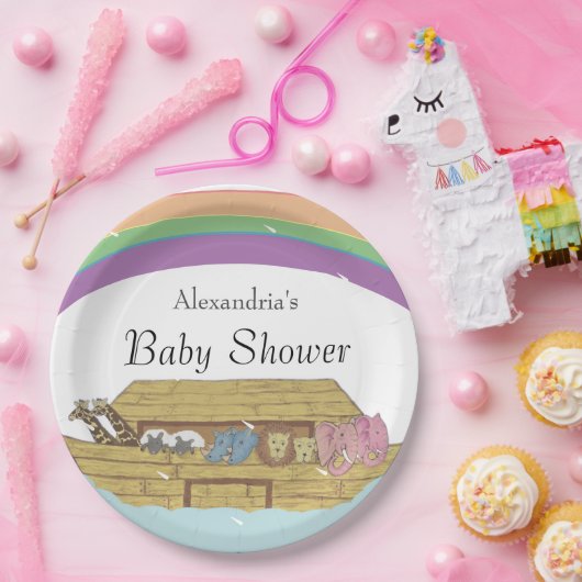 Retro Rainbow Noah's Ark Baby shower Papieren Bordje (Feest)