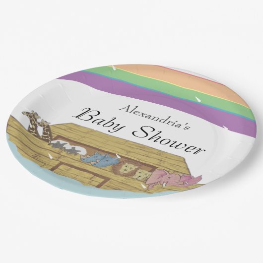 Retro Rainbow Noah's Ark Baby shower Papieren Bordje (Gekanteld)