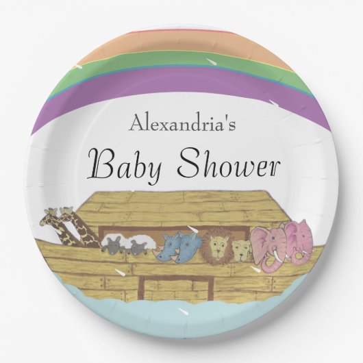 Retro Rainbow Noah's Ark Baby shower Papieren Bordje (Voorkant)