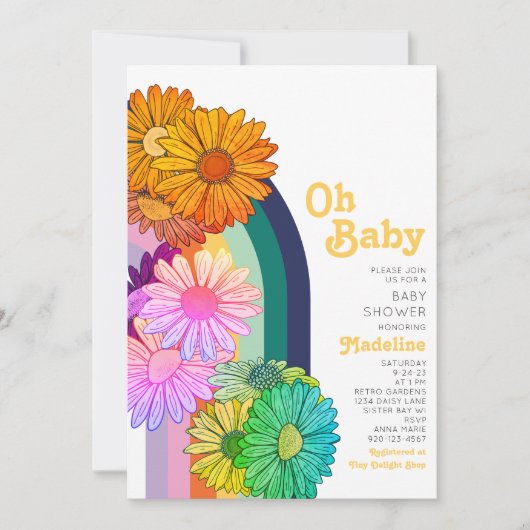 Retro Rainbow Oh Baby Daisy Baby shower Uitnodigin Kaart (Voorkant)