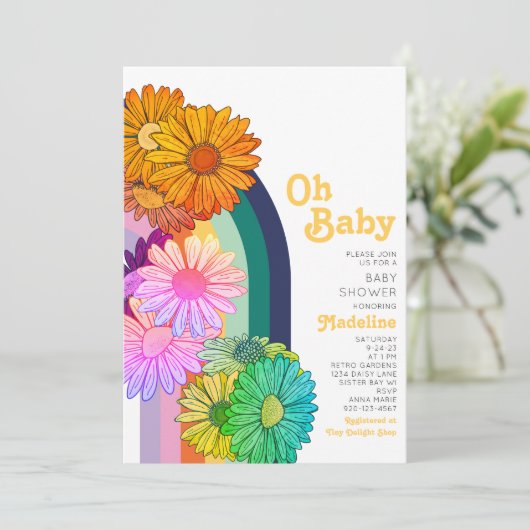 Retro Rainbow Oh Baby Daisy Baby shower Uitnodigin Kaart (Staand voorkant)