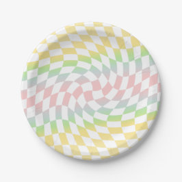 Retro Rainbow Pastel Checkerboard met ketting Papieren Bordje