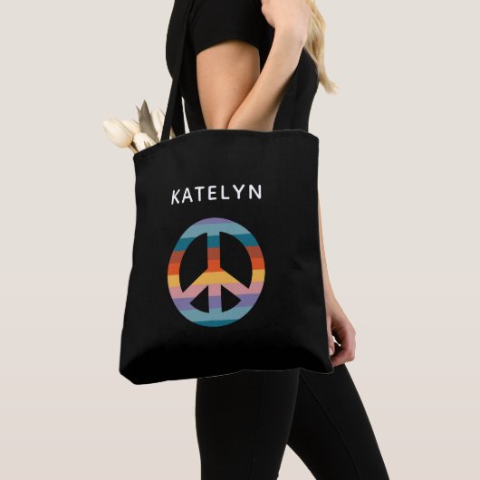 Retro Rainbow Peace Sign Persoonlijke naam Tote Bag (Dichtbij)