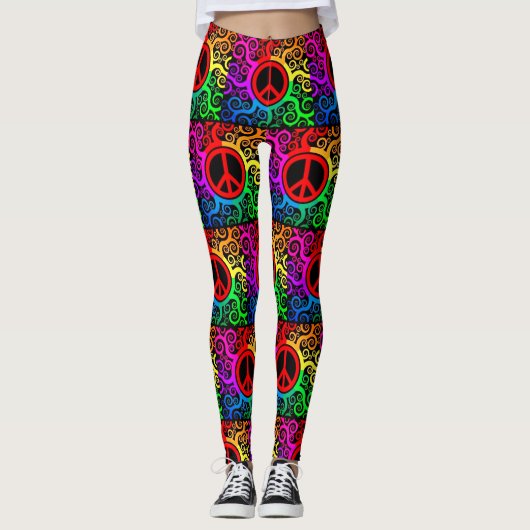 Retro Rainbow Peace Signs and Squiggles Yoga Leggings (Voorkant)