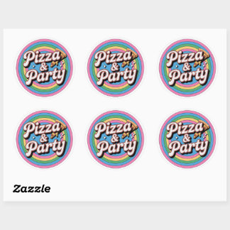Retro Rainbow Pizza and Party Birthday Round Stick Ronde Sticker