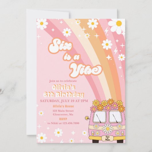 Retro Rainbow Six is een Vibe Groovy 6e verjaardag Kaart (Voorkant)