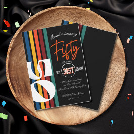 Retro Rainbow Striped “Fifty” Birthday Invitation Kaart