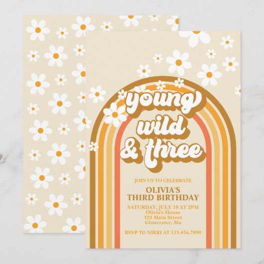 Retro Rainbow Young Wild and Three Birthday Kaart (Voorkant / Achterkant)
