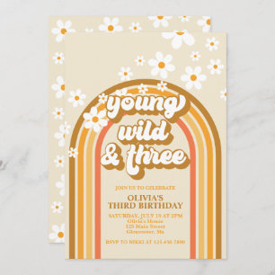 Retro Rainbow Young Wild and Three Birthday Kaart