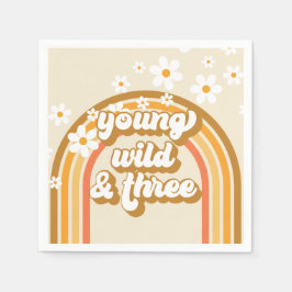 Retro Rainbow Young Wild and Three Birthday Paper Servet