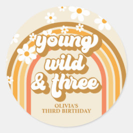 Retro Rainbow Young Wild and Three Birthday Ronde Sticker