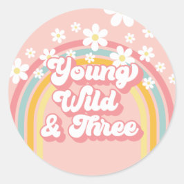 Retro Rainbow Young Wild en Drie 3e Verjaardag Ronde Sticker