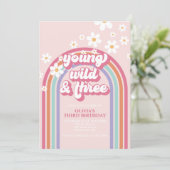 Retro Rainbow Young Wild Three Invitation Kaart (Staand voorkant)