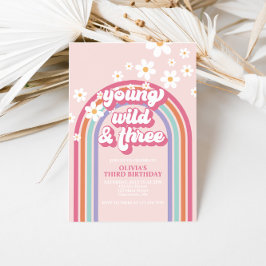 Retro Rainbow Young Wild Three Invitation Kaart