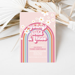 Retro Rainbow Young Wild Three Invitation Kaart