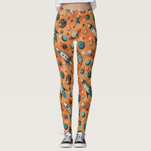 Retro raket ruimtepatroon terracotta teal leggings
