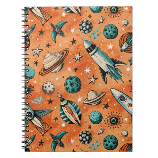 Retro raket ruimtepatroon terracotta teal notitieboek (Voorkant)