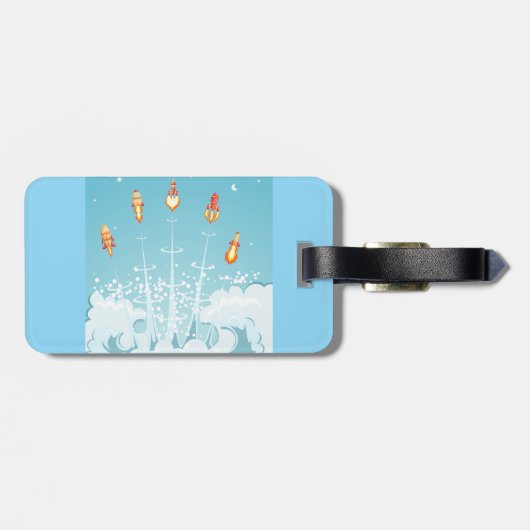 Retro-raketschip lanceert futuristische ruimtekuns bagagelabel (Achterkant horizontaal)