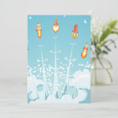 Retro-raketschip lanceert futuristische ruimtekuns kaart (Staand voorkant)