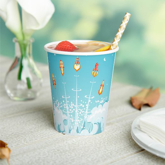 Retro-raketschip lanceert futuristische ruimtekuns papieren bekers