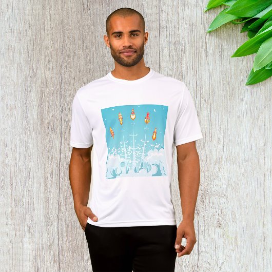Retro-raketschip lanceert futuristische ruimtekuns t-shirt