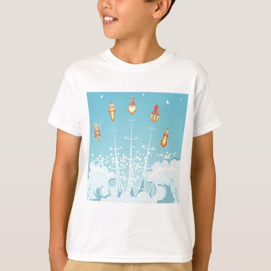 Retro-raketschip lanceert futuristische ruimtekuns t-shirt (Voorkant)