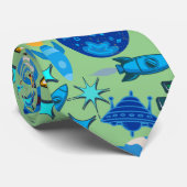 Retro raketten in de ruimte. L Groen BG Stropdas (Opgerold)