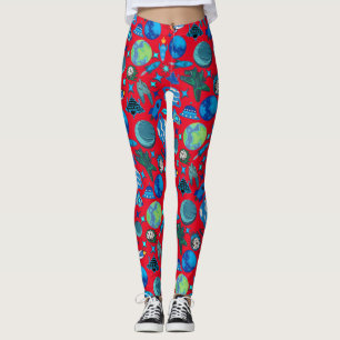 Retro raketten in de ruimte. Rood BG Leggings