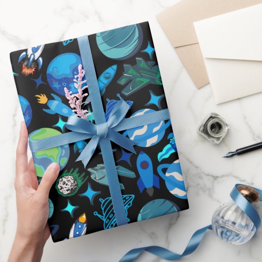 Retro raketten in Space.Black BG Cadeaupapier (Geschenken)