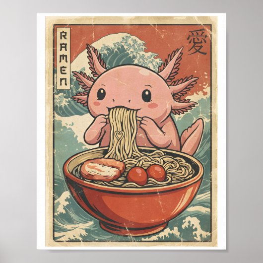 Retro Ramen Axolotl Japanese Food Art Kawaii Poster (Voorkant)