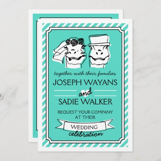 Retro Raptor bruiloft uitnodiging (strepen) (Voorkant / Achterkant)