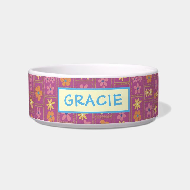 Retro Raspberry Patchwork Floral Custom Medium Dog Voerbakje (Voorkant)