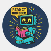 Retro Reading Robot Sticker – Pixel Art Sci-Fi (Voorkant)