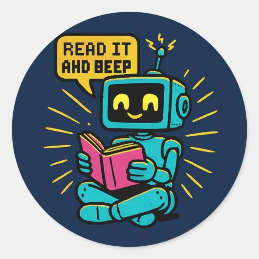 Retro Reading Robot Sticker – Pixel Art Sci-Fi (Voorkant)