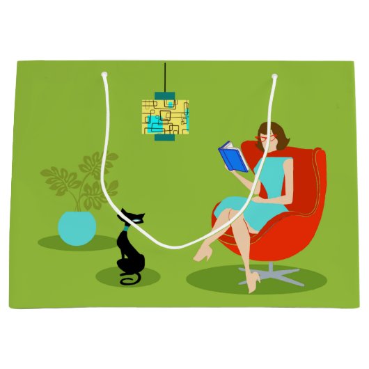 Retro Reading Woman Gift Bag Groot Cadeauzakje (Voorkant)