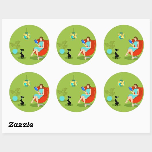 Retro Reading Woman Round Stickers (Vel)