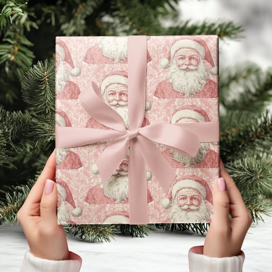 Retro Realistisch Santa Claus Roze Patroon Cadeaupapier