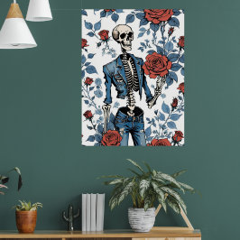 Retro Rebellion: Skelet in Denim en Rozen Poster