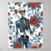 Retro Rebellion: Skelet in Denim en Rozen Poster (Voorkant)