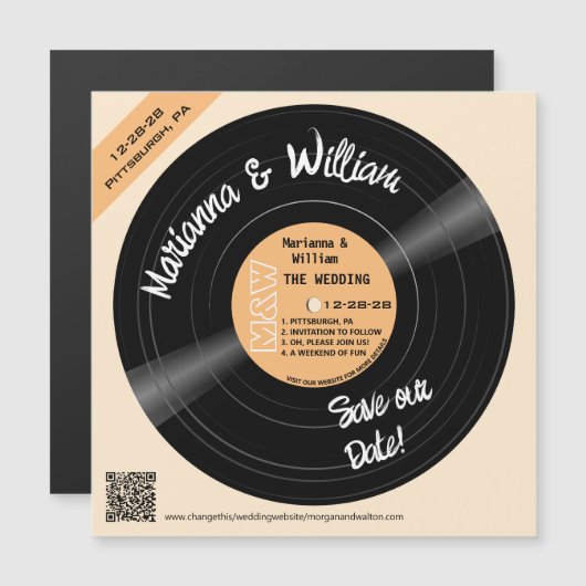 Retro Record Monogram QR Magnet Save the Date (Voorkant / Achterkant)