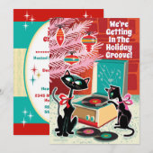 Retro Record Player Cool Cats Kerstfeest Kaart (Voorkant / Achterkant)